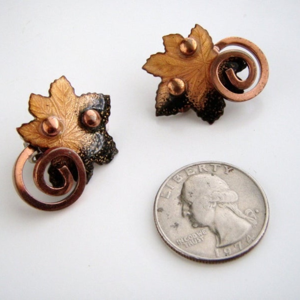 Vintage Matisse Enamel Copper Leaf earrings clips